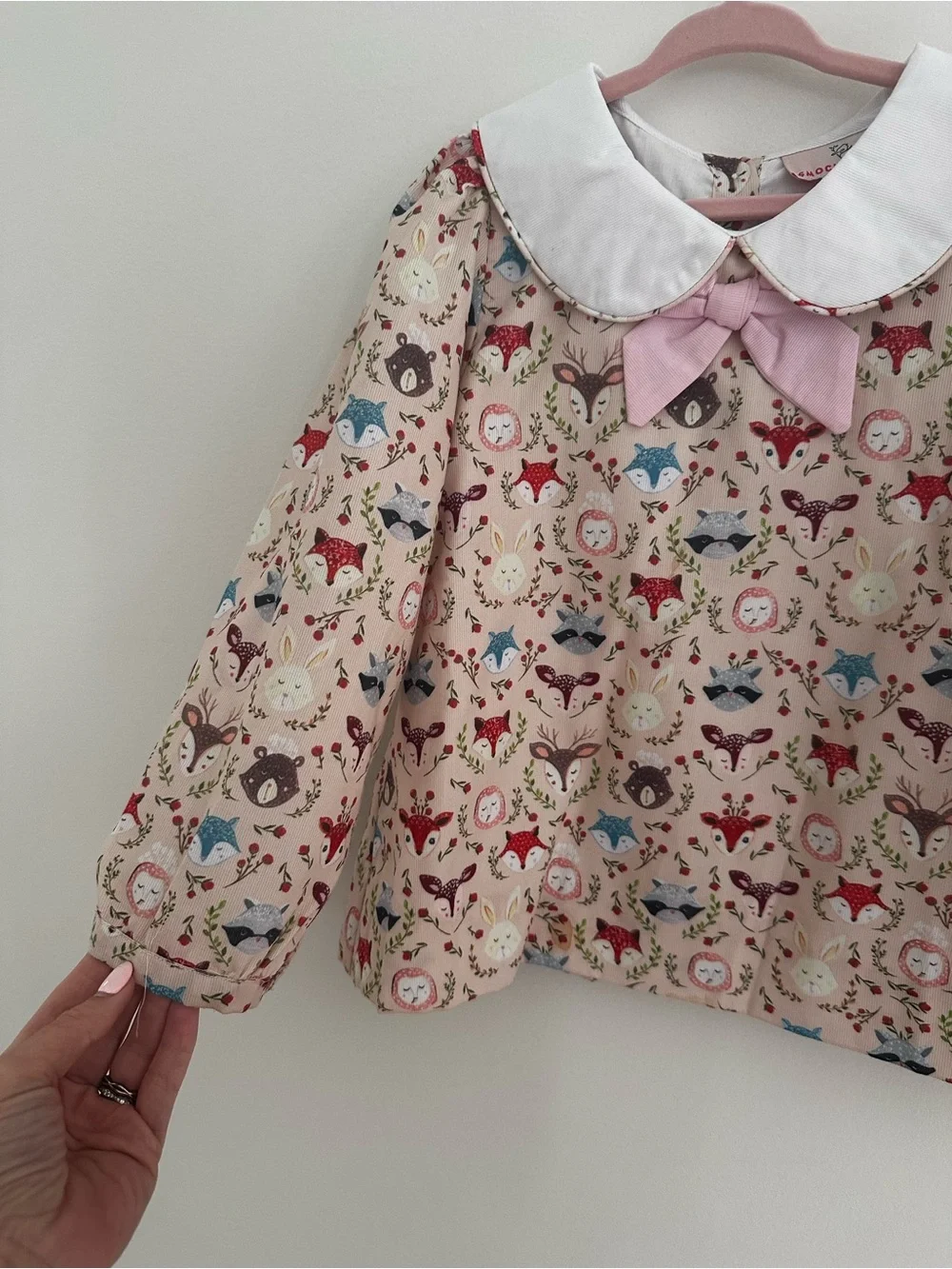 Smockingbird Girls Woodland Animal Print Peter Pan Collar Top with Pink Bow
